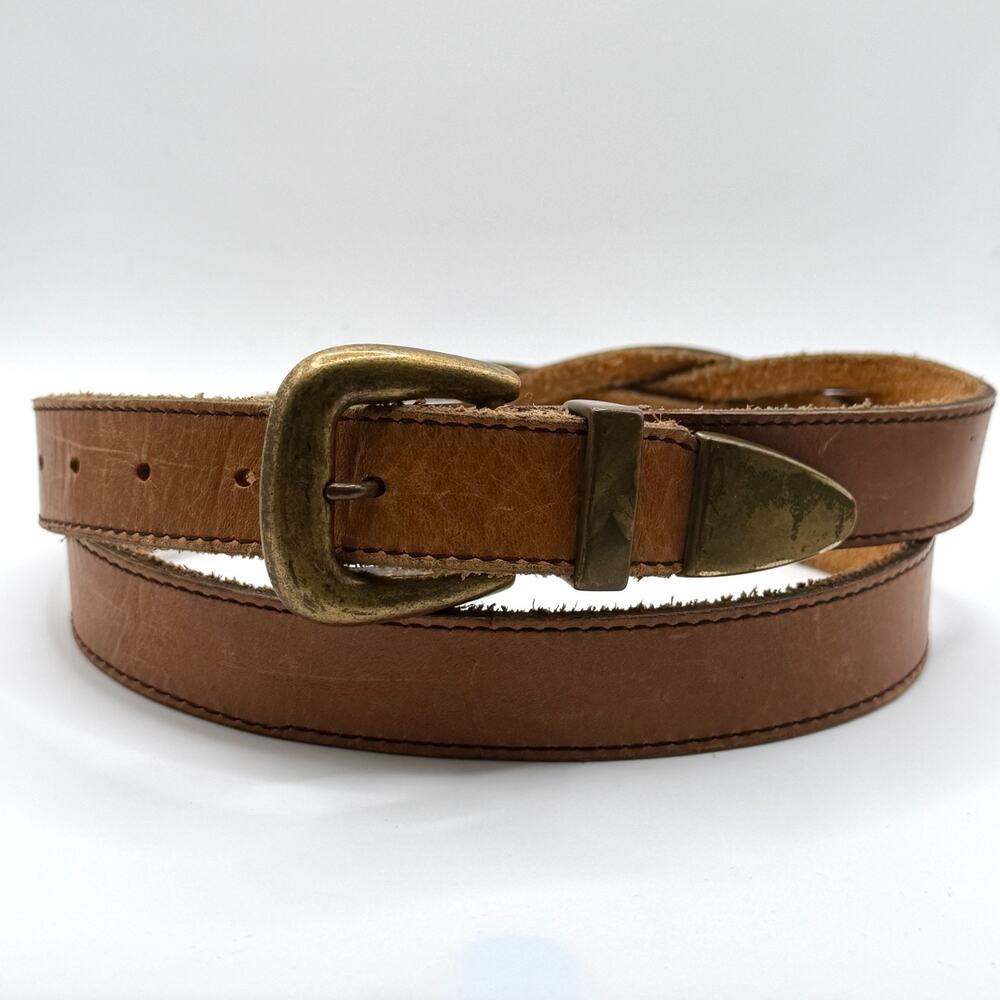 Vintage 90s Light Brown Genuine Leather Braided Metal Tip Belt